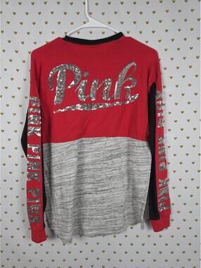 Victorias Secret PINK Bling Sequined Colorblock Silver Tee Shirt Long Sleeve SM